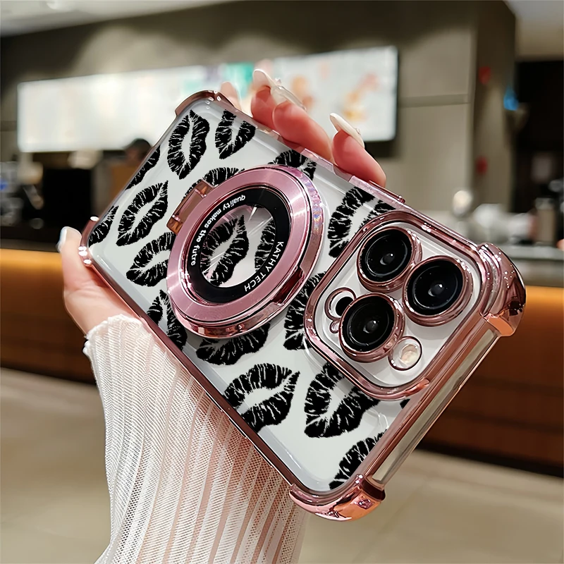 Stand Holder Phone Case For iPhone 14 Plus 12 13 Mini 11 Pro Max SE 2020 2022 Red Kiss Lips Pattern Shockproof Plating Cover