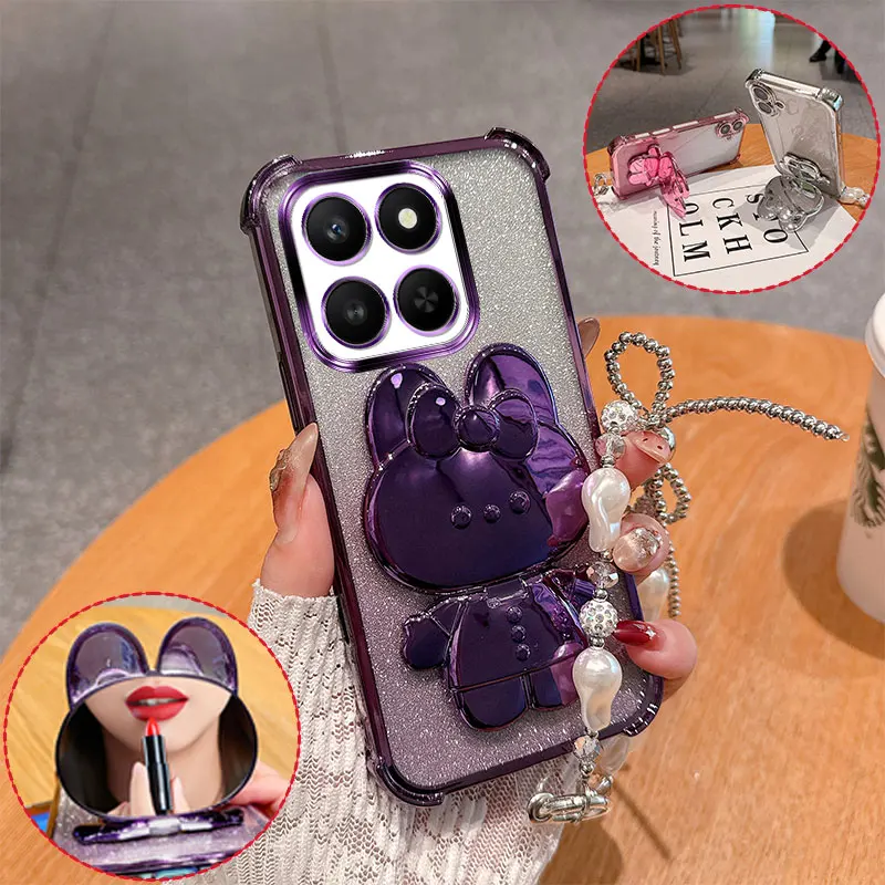 Fashion Cute 3D Bunny Mirror Stand Phone Case For Honor X7d X7c 200 Smart Glitter Anti Drop Cover With Pearl Chain Girly Style - الصورة 6