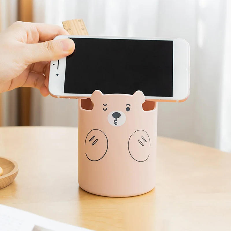 Multifunctional Plastic Bear Pen Holder Desk Organizer Phone Makeup Brush Holder Stand Cute Stationery Desktop Storage Organizer - الصورة 2