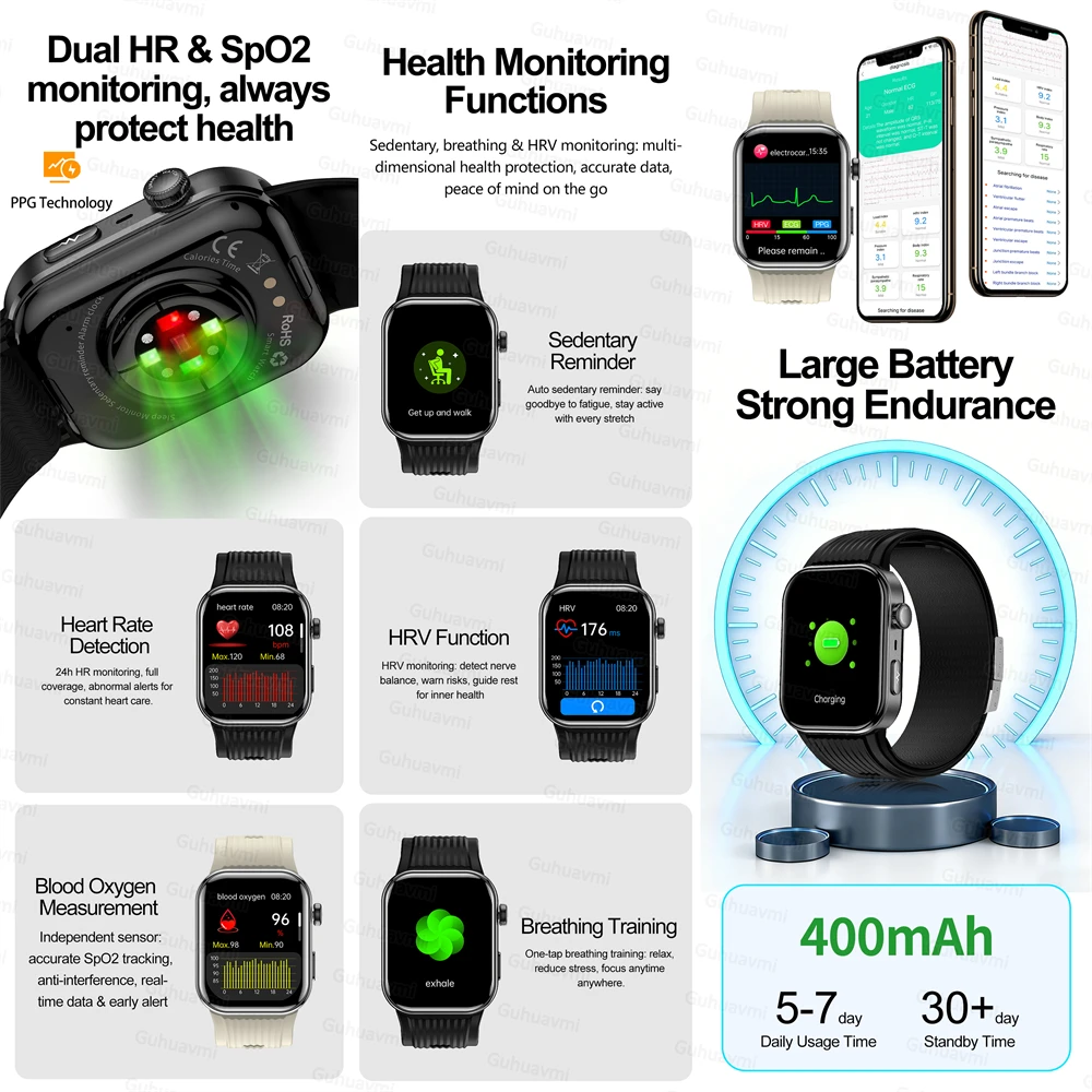 ECG Smartwatch AMOLED Screen Airbag air pump Smartwatch Blood Pressure Measure Micro physical examination Smart Watch Men women - الصورة 5