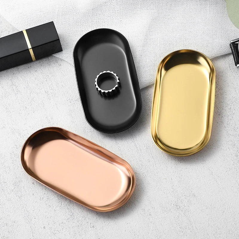 Stainless Steel Manicure Jewelry Storage Tray Metal Cosmetic Storage Oval Cake Fruit Dessert Tray Snack Plate Kitchen Organizer - الصورة 3