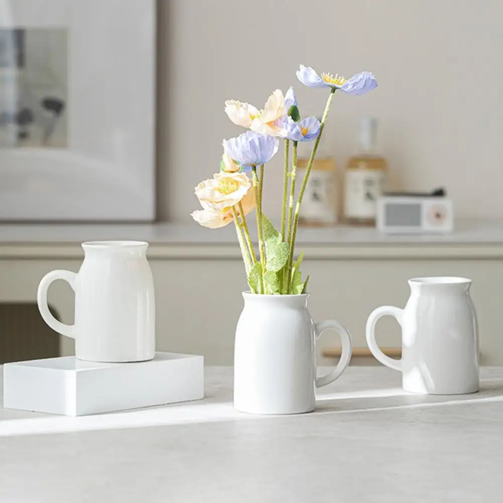 White Ceramic Pitcher Vase with Handle Rustic Decorative Farmhouse Flower Vase for Living Room Bedroom Kitchen Office Shelf Deco - الصورة 2
