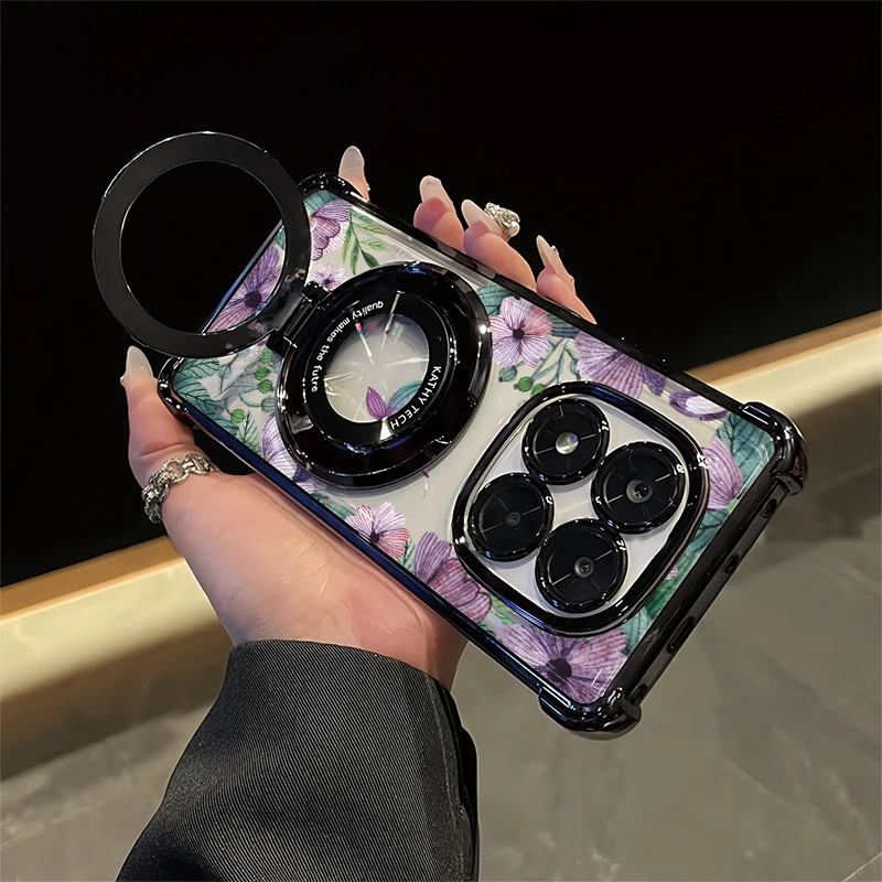 Flowers Print Phone Case For Xiaomi 15 15T Pro 14 13 Pro 11i 15 Ultra 14T Plating Shockproof Stand Holder Clear Soft Cover - الصورة 2