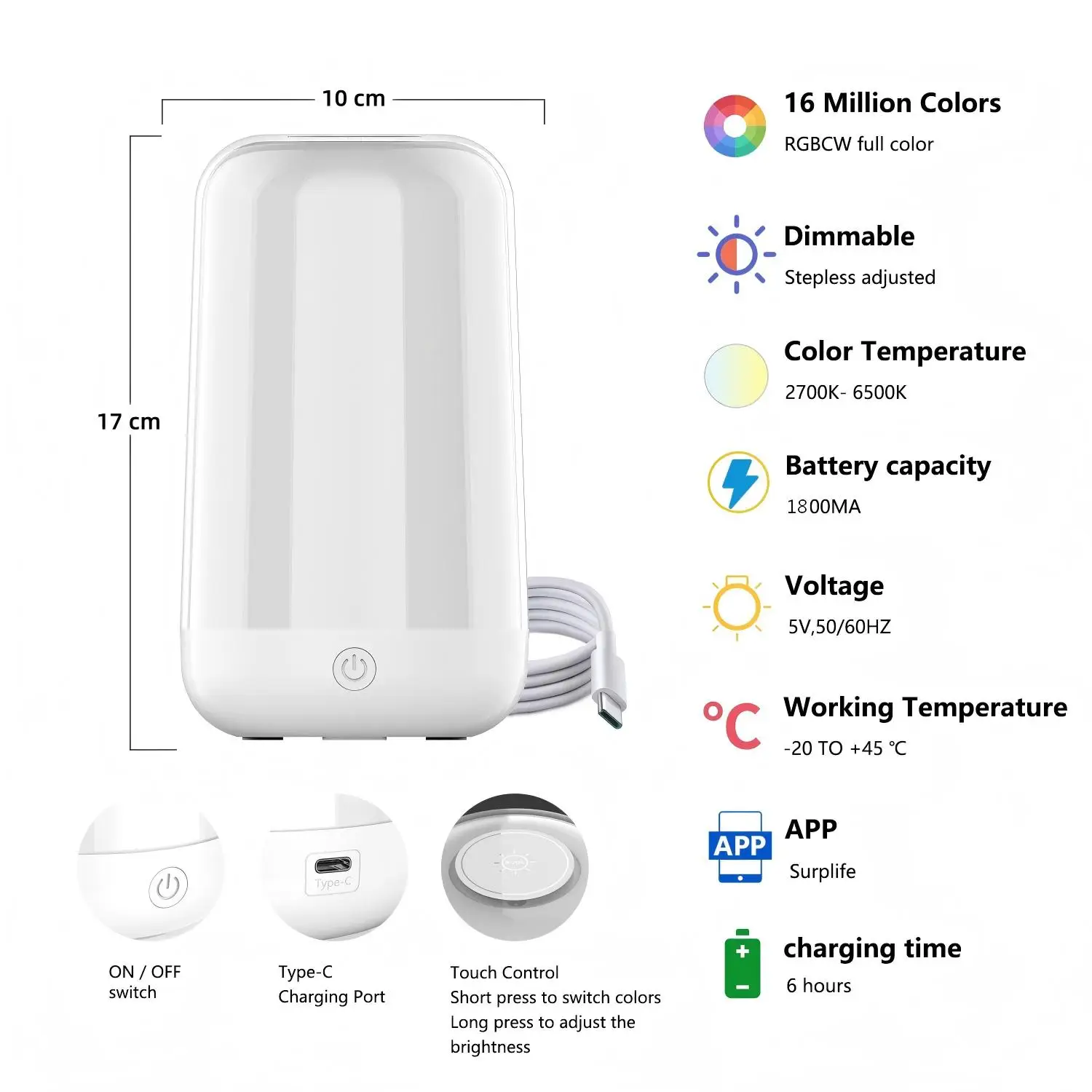 Smart RGB+CCT Touch Lamp, APP Control with Music Sync, 16M Colors & Adjustable White Light, For Bedroom Desk Mood Lighting - الصورة 3