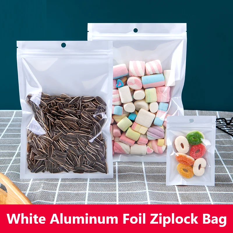 50/100pcs White Aluminum Clear Front Ziplock Bags Food Storage Kitchen Packaging Self Sealing Organizer