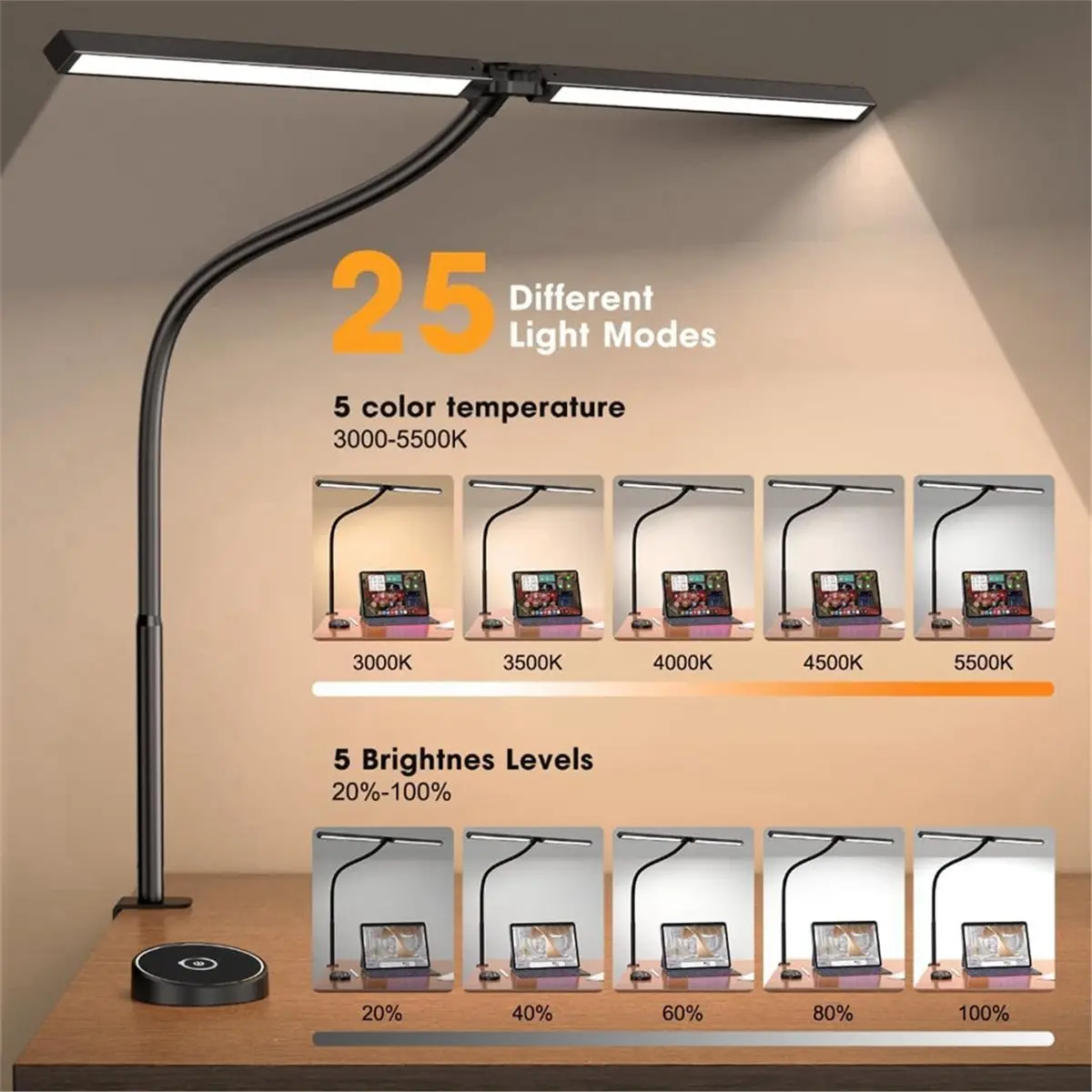 N94R Led Desk Lamp for Office Home - Eye Caring Architect Lamp with Clamp,Dual Screen Computer Monitor Work Smart Light