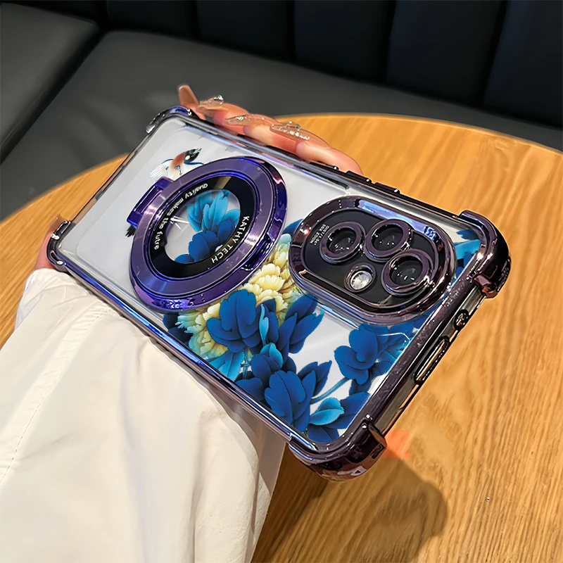 Stand Holder Phone Case For OPPO Reno 10 Pro 8T 8Z 7Z 7 6 Lite 4 5 Pro Plating Shockproof Clear Flower Bird Painting Cover