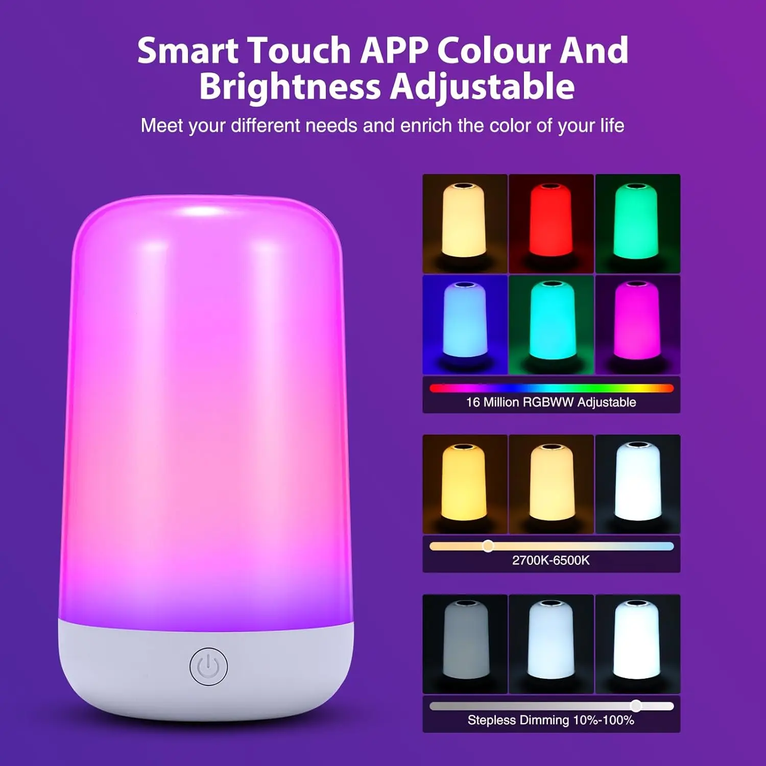 Smart RGB+CCT Touch Lamp, APP Control with Music Sync, 16M Colors & Adjustable White Light, For Bedroom Desk Mood Lighting