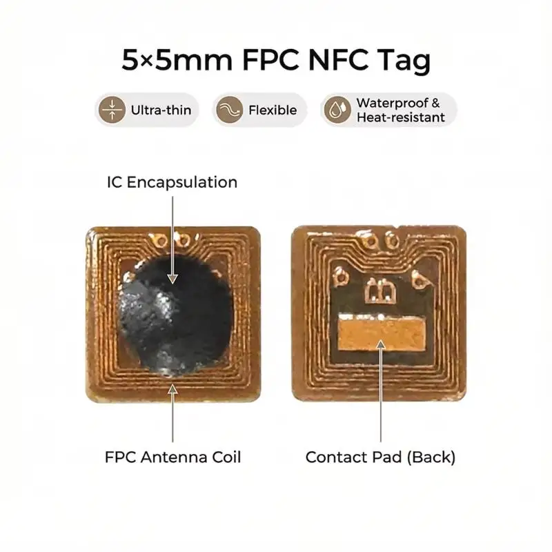 FPC NFC RFID Tag Programmable 5x5mm Sticker Flexible Micro Size 1mm Range for Home Security Asset Tracking and Smart Devices