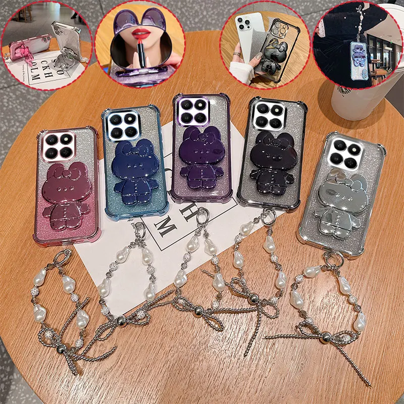 Fashion Cute 3D Bunny Mirror Stand Phone Case For Honor X7d X7c 200 Smart Glitter Anti Drop Cover With Pearl Chain Girly Style - الصورة 2