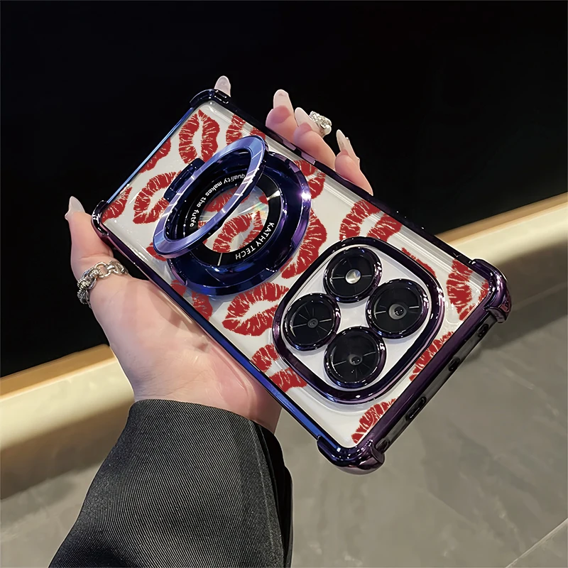 Red Lips Kiss Pattern Phone Case For Vivo IQOO T1 5G Z10X U1X T1X 4G Luxury Stand Holder Shockproof Plating Transparent Cover