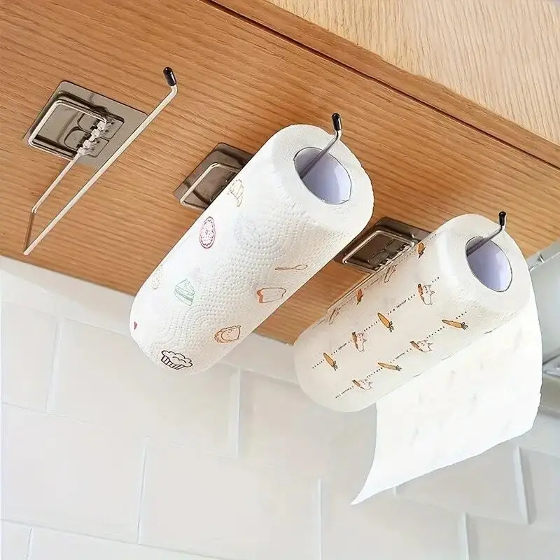 The Kitchen Wall Hanging Paper Towel Rack,Plastic Wrap , Perforation-Free Dish Cloth Stainless Steel Organizer Hooks - الصورة 3