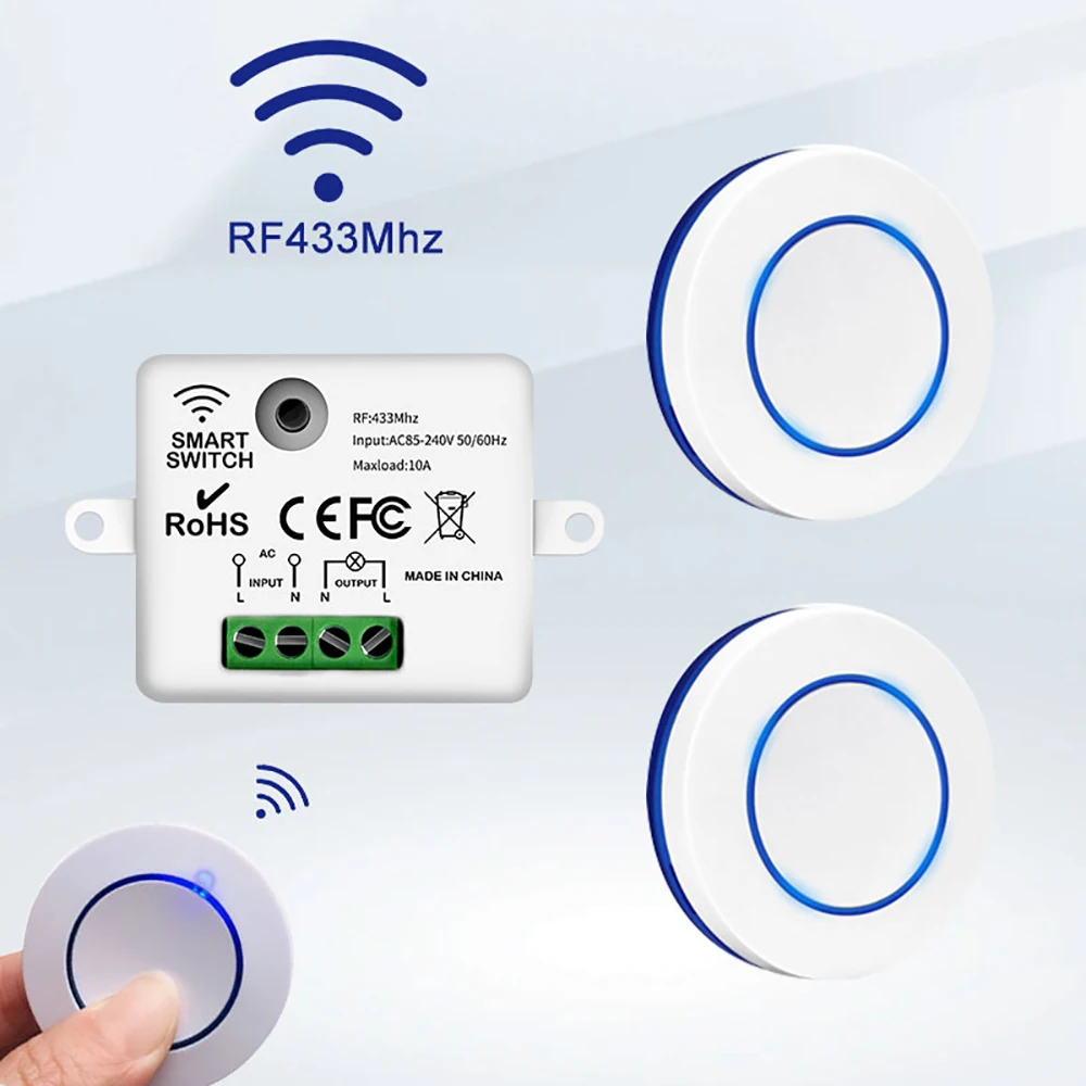 RF 433MHz Wireless Light Switch 220V 110V 10A Relay Mini Round Button Wall Panel Remote Control for LED Lamp Smart Home