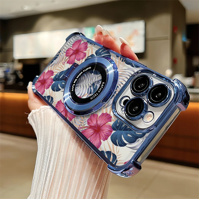 Flower Leaves Print Phone Case For iPhone 14 12 Pro Max 14 Plus 13 Mini 11 Pro SE 2020 2022 Stand Holder Plating Clear Cover - الصورة 2