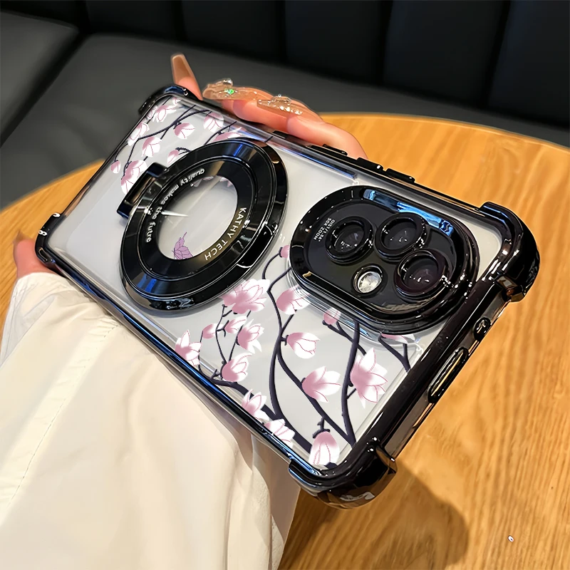 Phone Case For Motorola Edge 60 50 70 Fusion Moto G60 G40 G24 G77 G06 Luxury Plating Stand Holder Flower Pattern Clear Cover