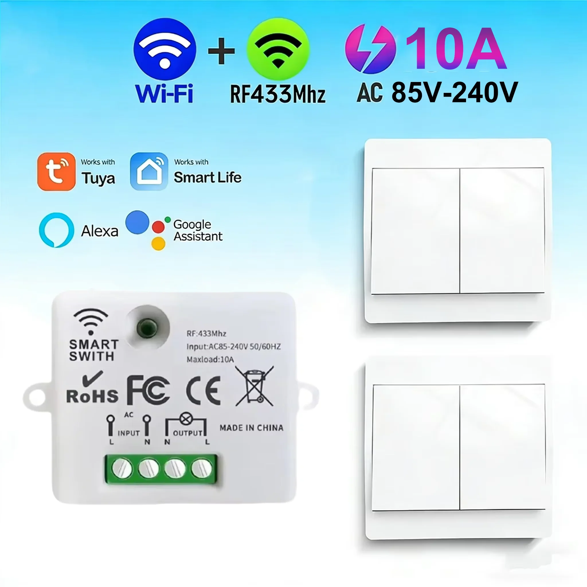KEBIDUMEI Tuya Smart Wireless Remote Control WiFi 433MHz Light Switch Wall Switch 110V 220V 10A Mini Receiver for Alexa Home