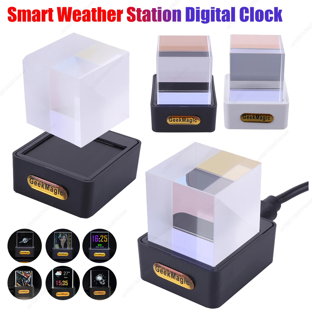 Desktop Holographic Crystal Cube Smart Clock WiFi Weather Station with Photo Display for Home Decor with GIF Animations Album - الصورة 2