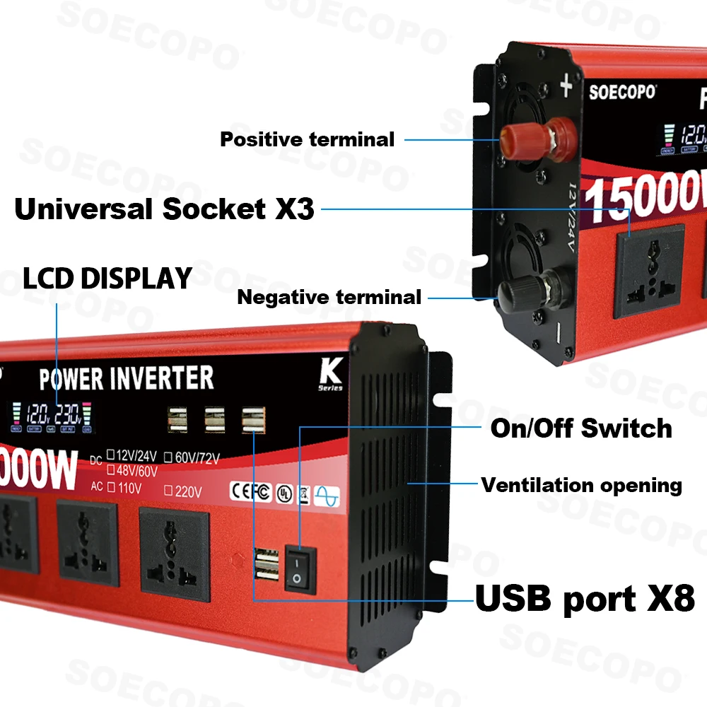 Dual Voltage Input 15000W Current inverter 8 USB Ports 3 Universal Sockets Smart Solar Inverter DC to AC 110/220V Camping Home - الصورة 3