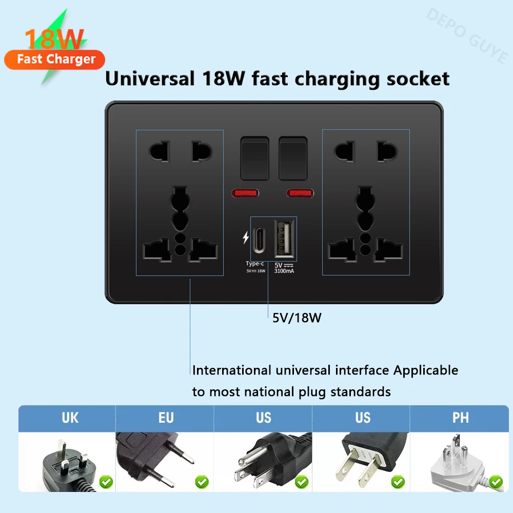 Universal Black USB Type-C 18W Smart Fast Charging Socket Double 5-pin Power Plug,UK Electrical Internationa Wall Light Switch - Image 4