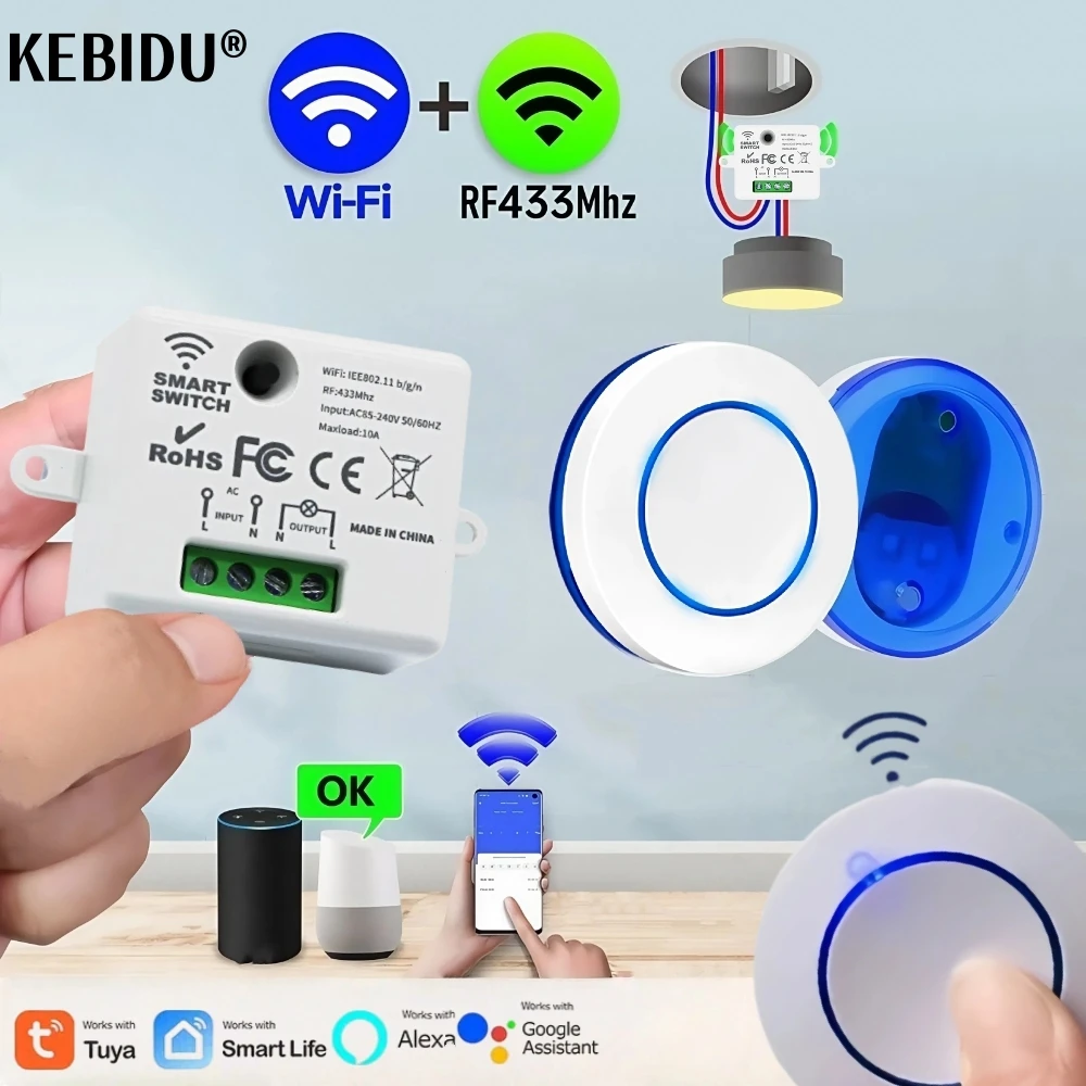 Tuya WiFi RF433Mhz Wireless Smart Switch 10A Round Button Portable Switch For Alexa Google Home Voice Control Use with Receiver