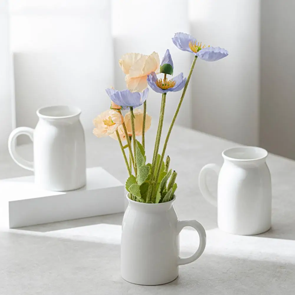 White Ceramic Pitcher Vase with Handle Rustic Decorative Farmhouse Flower Vase for Living Room Bedroom Kitchen Office Shelf Deco - الصورة 3