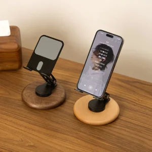 HeMu Minimalist Walnut Base 360° Rotating Phone Stand,Adjustable Foldable Holder for Smartphones & Tablets,Desk & Office Use