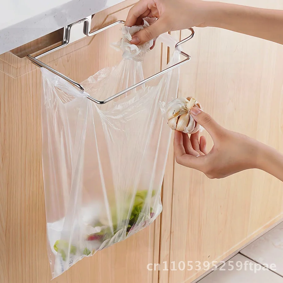 Stainless Steel Kitchen Hanging Bag Rack - Door Back Storage Hook for Garbage Bags Creative Cabinet Organizer Single Tier