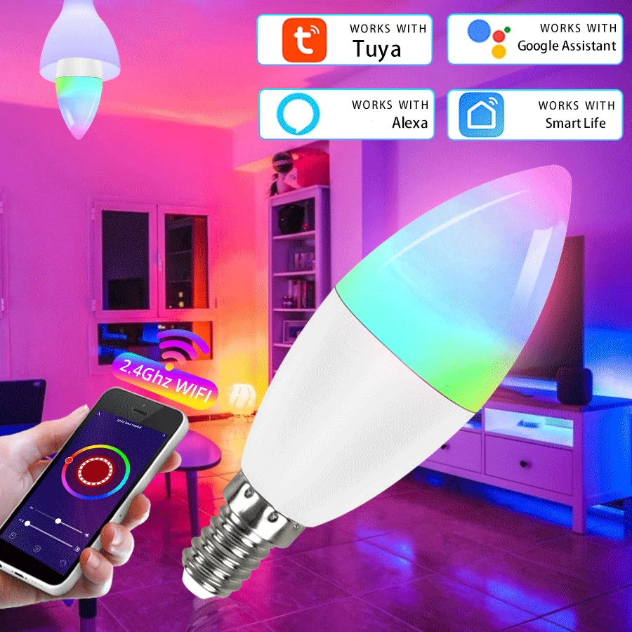 Smart WiFi E14 Candle Light Tuya / Smart Life App 220V 5W 7W 9W LED Bulb Supports Alexa Google Home Color Changeable Room Decor