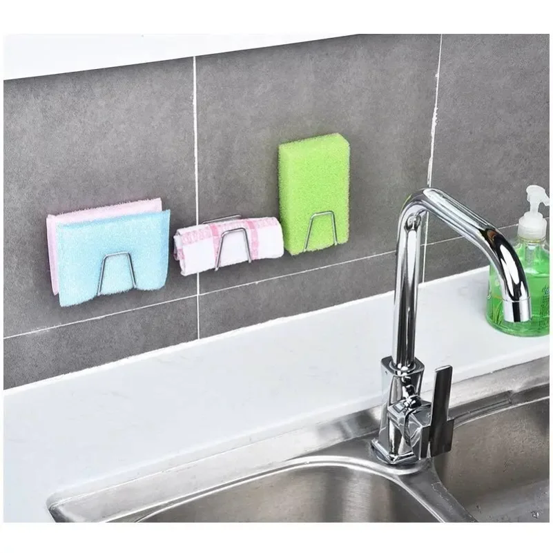 1PC Kitchen Stainless Steel Sink Sponges Holder Self Adhesive Drain Drying Rack Kitchen Wall Hooks Accessories Storage Organizer - الصورة 4