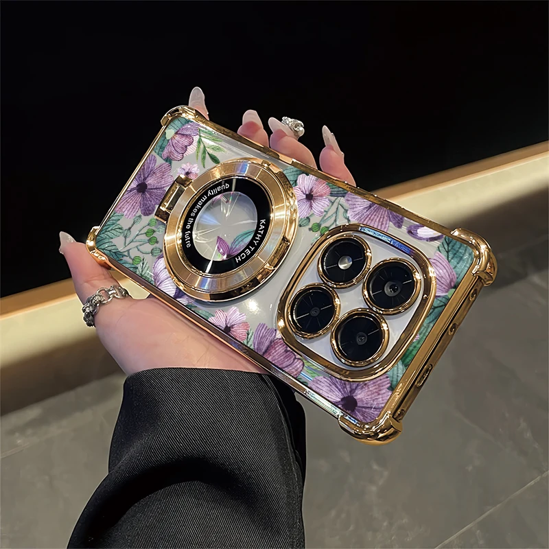 Soft Plating Phone Case For OPPO Reamle C35 C33 C31 C30 C25Y C20A C11 C21Y C20 Luxury Shockproof Holder Stand Flowers Cover