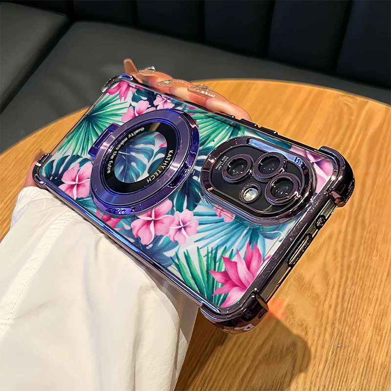 Painting Flower Leaves Phone Case For Vivo S16 Pro S12 S15 Pro S15E Clear Plating Stand Holder Bracket Shockproof Soft Cover