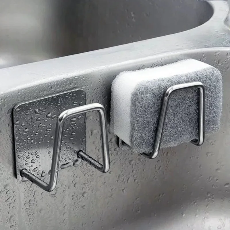 1PC Kitchen Stainless Steel Sink Sponges Holder Self Adhesive Drain Drying Rack Kitchen Wall Hooks Accessories Storage Organizer - الصورة 3