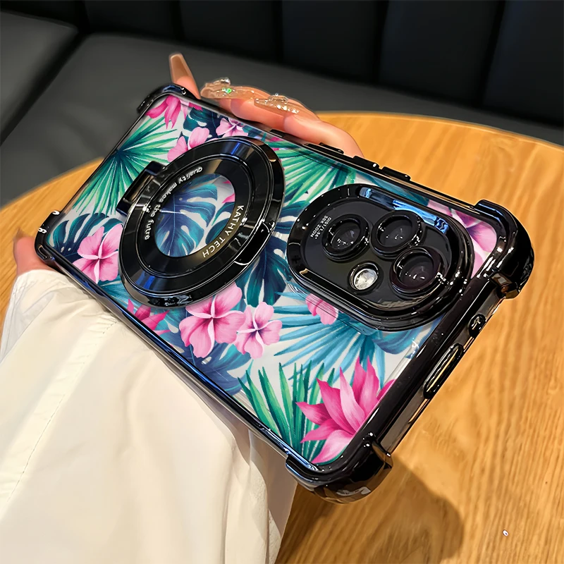 Luxury Plating Phone Case For OPPO A96 5G A94 A93 A92 A97 A98 A95 4G A80 A79 A78 Pattern Flower Leaves Holder Stand Cover