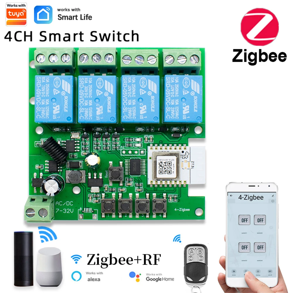4CH Zigbee 3.0 Smart Home Relay DC 12V 24V 32V 110V Motor Switch Module 4 Channel Radio RF Remote Control Work With Tuya Alexa