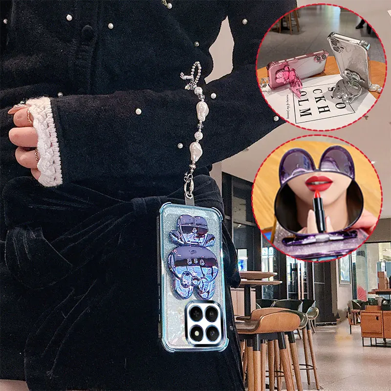 Fashion Cute 3D Bunny Mirror Stand Phone Case For Honor X7d X7c 200 Smart Glitter Anti Drop Cover With Pearl Chain Girly Style - الصورة 5