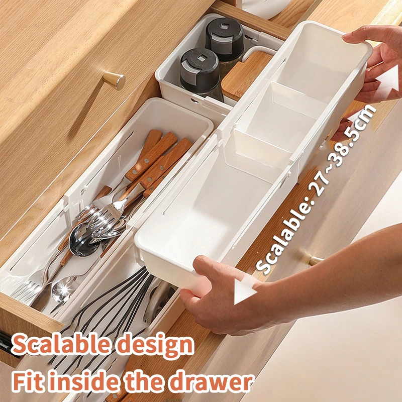 Drawer Organizer Expandable Utensil Tray For Kitchen Adjustable Flatware Stationery Cosmetics Holder White Cutlery Storage Box - الصورة 3