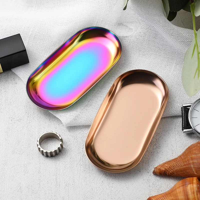 Stainless Steel Manicure Jewelry Storage Tray Metal Cosmetic Storage Oval Cake Fruit Dessert Tray Snack Plate Kitchen Organizer - الصورة 2