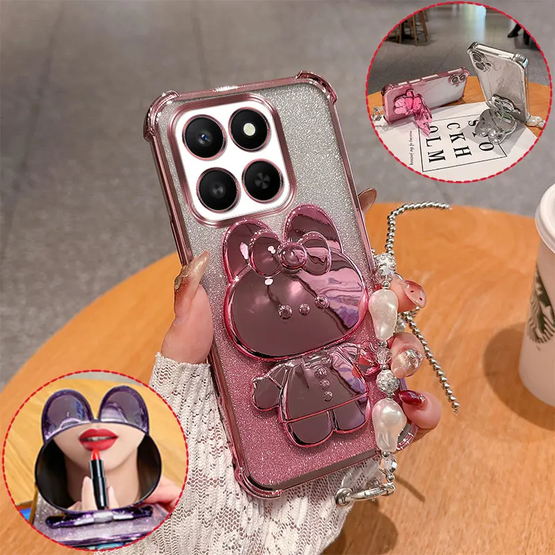 Fashion Cute 3D Bunny Mirror Stand Phone Case For Honor X7d X7c 200 Smart Glitter Anti Drop Cover With Pearl Chain Girly Style