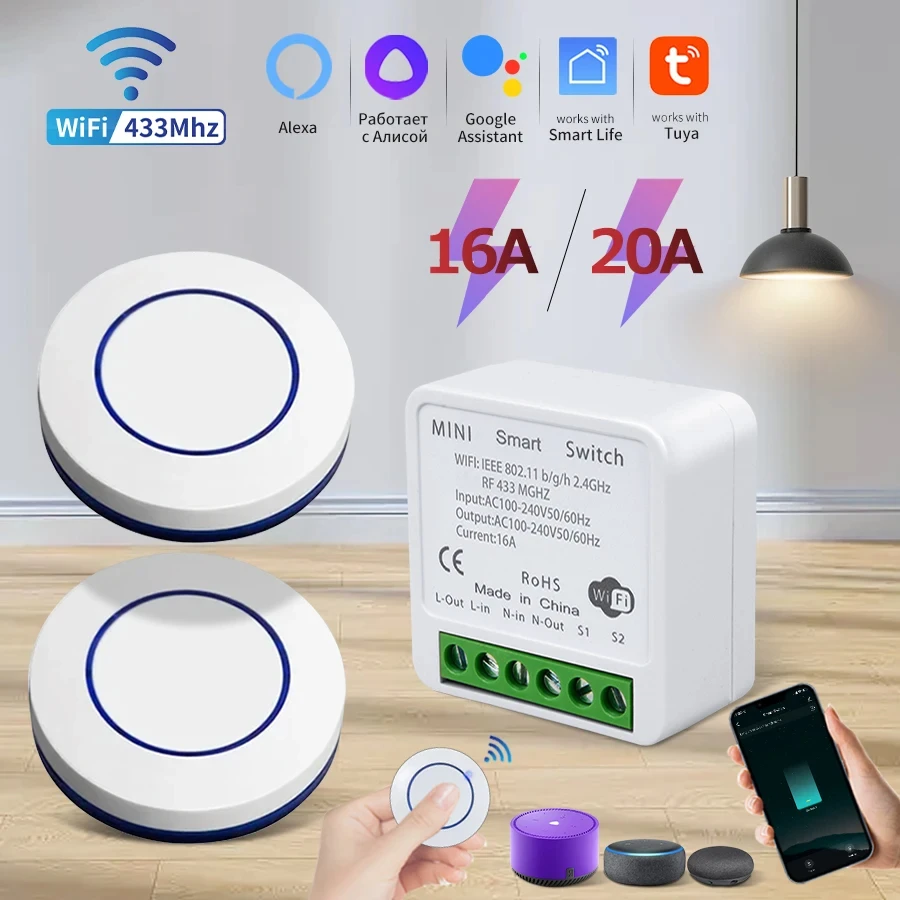 16A RF 433Mhz Wireless Tuya WiFi Smart Switch Relay Receiver Mini Round Panel Switch Alexa Google Home Alice Voice Control