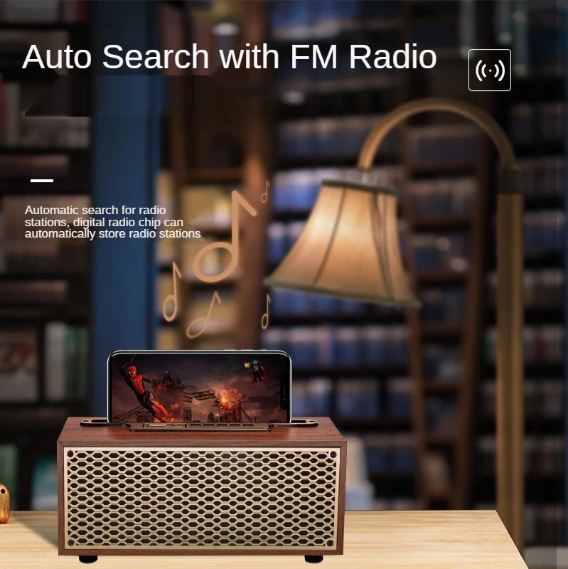 FM/AM Vintage Wood Grain Bluetooth Speaker TWS Wireless Subwoofer Portable Radio Gift Stereo Mobile Phone Stand Speaker - الصورة 5