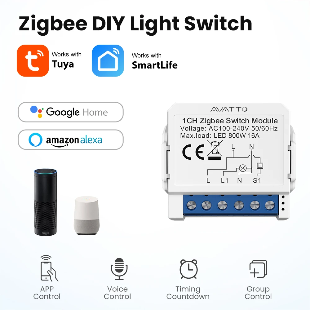 AVATTO Tuya ZigBee Smart Light Switch No Neutral Relay Module 1/2/3 Gang,AVATTO App Control,Work with Alexa Google Home - الصورة 3