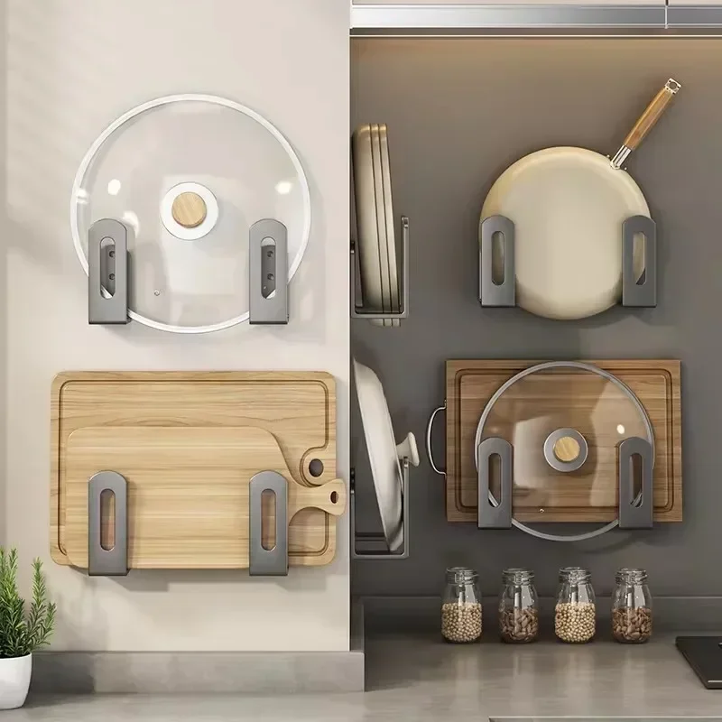 2pcs/set Pot Lid Rack Pot Cover Cutting Board Holder Storage Shelf Kitchen Bathroom Wall Mounted Organizer Rack Accessori - الصورة 3
