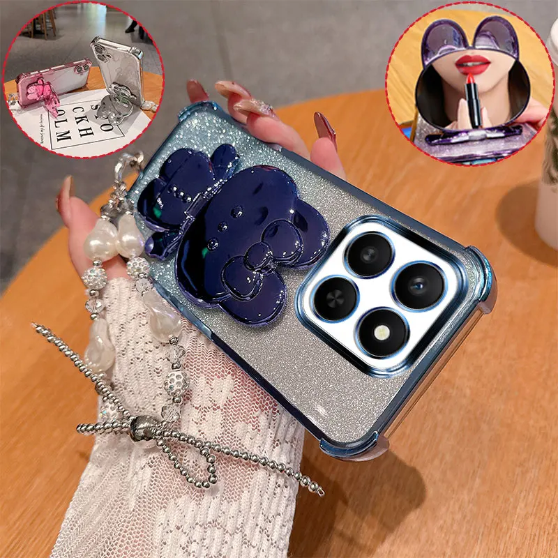 Fashion Cute 3D Bunny Mirror Stand Phone Case For Honor X7d X7c 200 Smart Glitter Anti Drop Cover With Pearl Chain Girly Style - الصورة 4