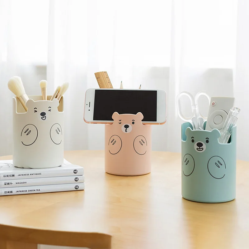Multifunctional Plastic Bear Pen Holder Desk Organizer Phone Makeup Brush Holder Stand Cute Stationery Desktop Storage Organizer - الصورة 4