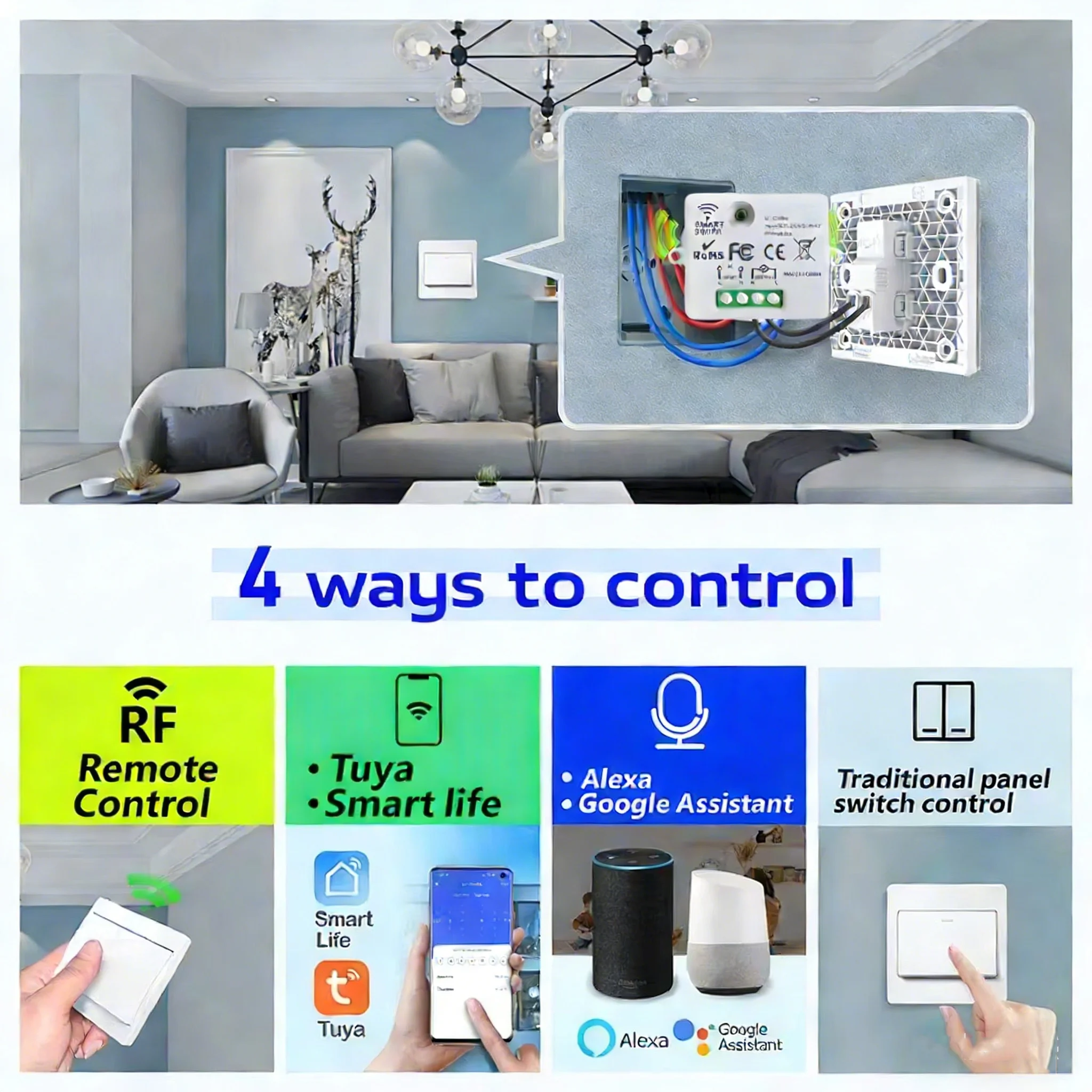 KEBIDUMEI Tuya Smart Wireless Remote Control WiFi 433MHz Light Switch Wall Switch 110V 220V 10A Mini Receiver for Alexa Home - الصورة 2