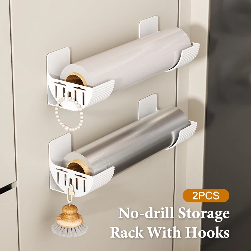 2pcs No-Drill Kitchen Storage Rack Set - Multi-Functional,Fresh Film & Garbage Bag Organizer For Cabinets And Refrigerator Sides - الصورة 3