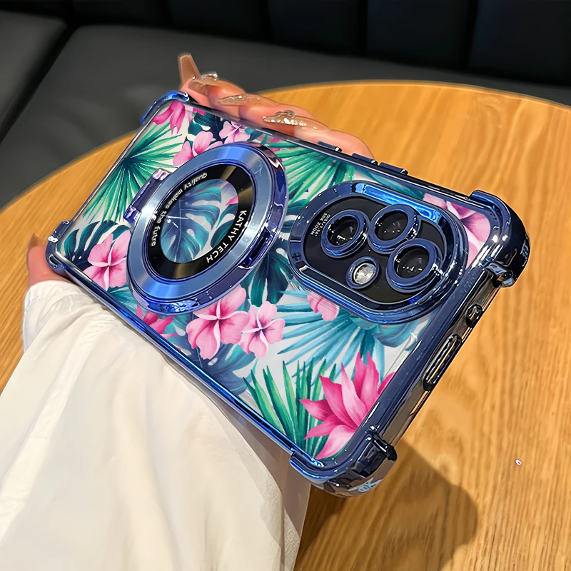Painting Flower Leaves Phone Case For Vivo S16 Pro S12 S15 Pro S15E Clear Plating Stand Holder Bracket Shockproof Soft Cover - Image 3