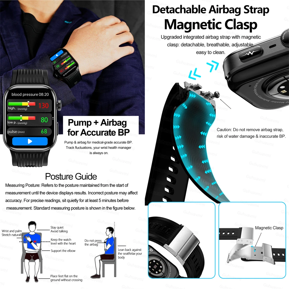 ECG Smartwatch AMOLED Screen Airbag air pump Smartwatch Blood Pressure Measure Micro physical examination Smart Watch Men women - الصورة 3