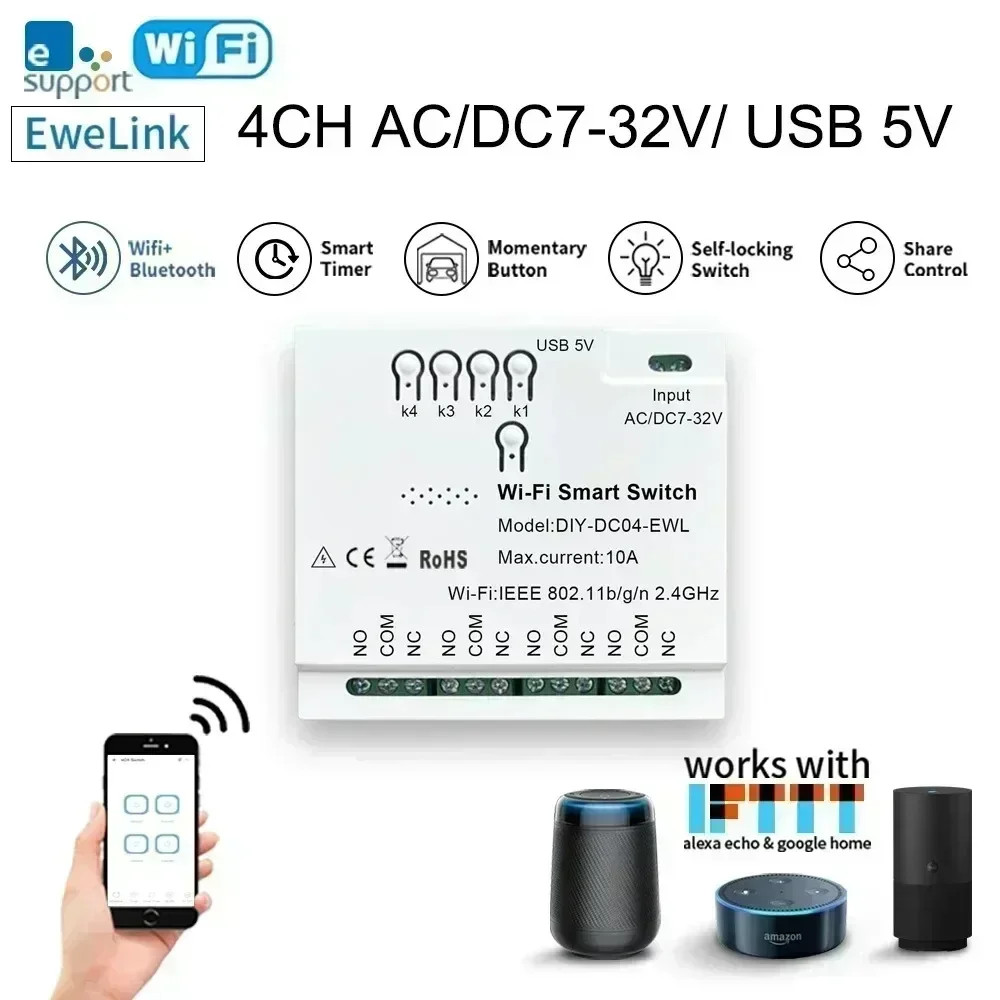 Ewelink 4ch R3 Pro Wifi RFBL 85-265V Channel Garage Door Curtain Motor Module Water Heater Light Smart Switch Alex Google Home