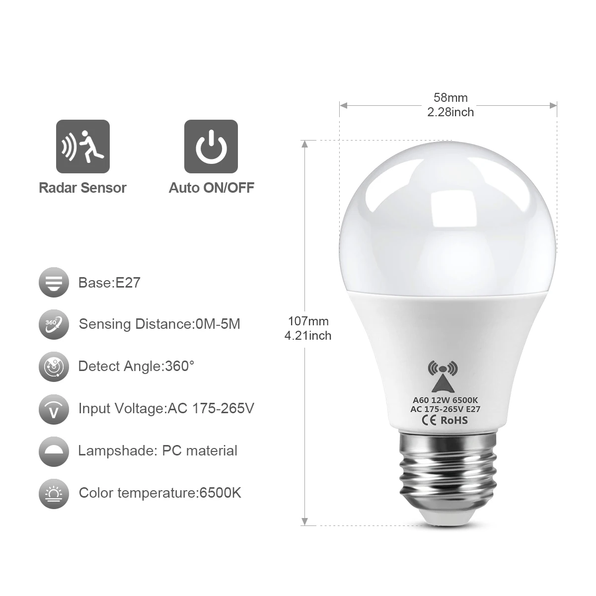 220V Microwave Radar Detection LED Night Light Bulb E27 12W Auto Smart Infrared Lamp Built-in Radar Sensors Home Lighting - الصورة 2